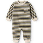Olive and blue striped jumpsuit with raglan sleeves, ripped cuffs, and chest pocket.