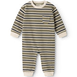 Olive and blue striped jumpsuit with raglan sleeves, ripped cuffs, and chest pocket.