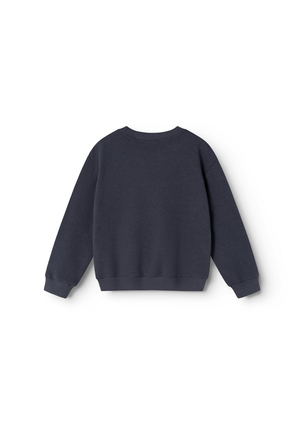 Dark blue blouse with round neck and long sleeves, ribbed cuff.