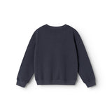 Dark blue blouse with round neck and long sleeves, ribbed cuff.
