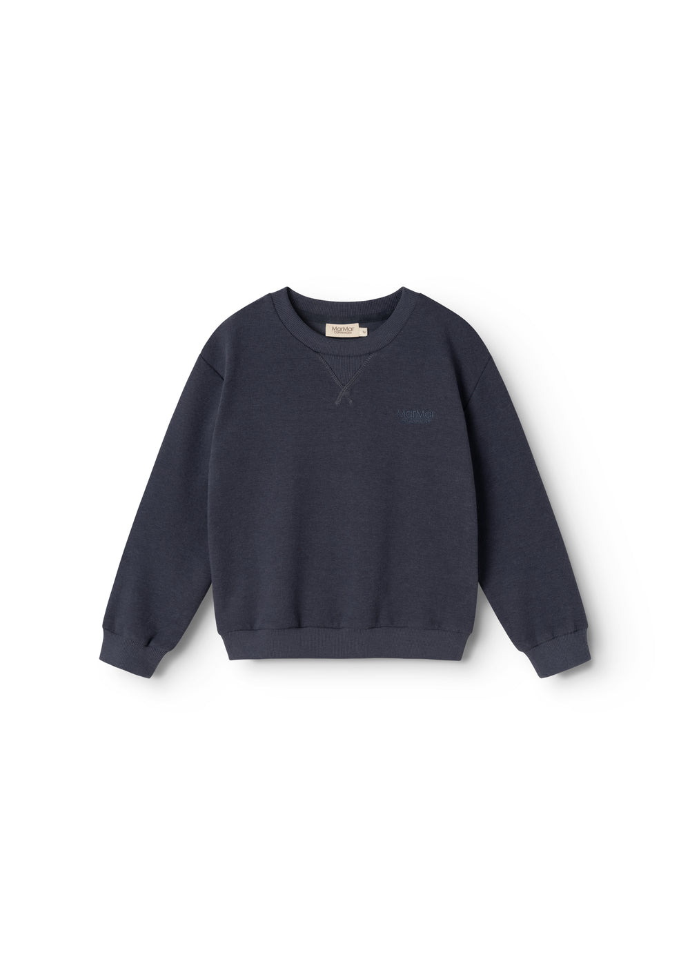 Dark blue blouse with round neck and ribbed cuffs.
