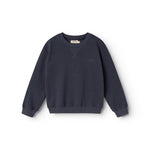 Dark blue blouse with round neck and ribbed cuffs.