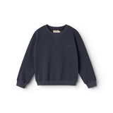 Dark blue blouse with round neck and ribbed cuffs.