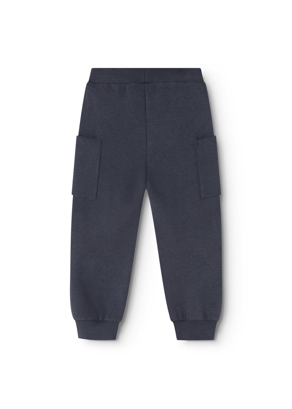 Blue denim children's pants with elastic waist and cargo pockets on the legs.