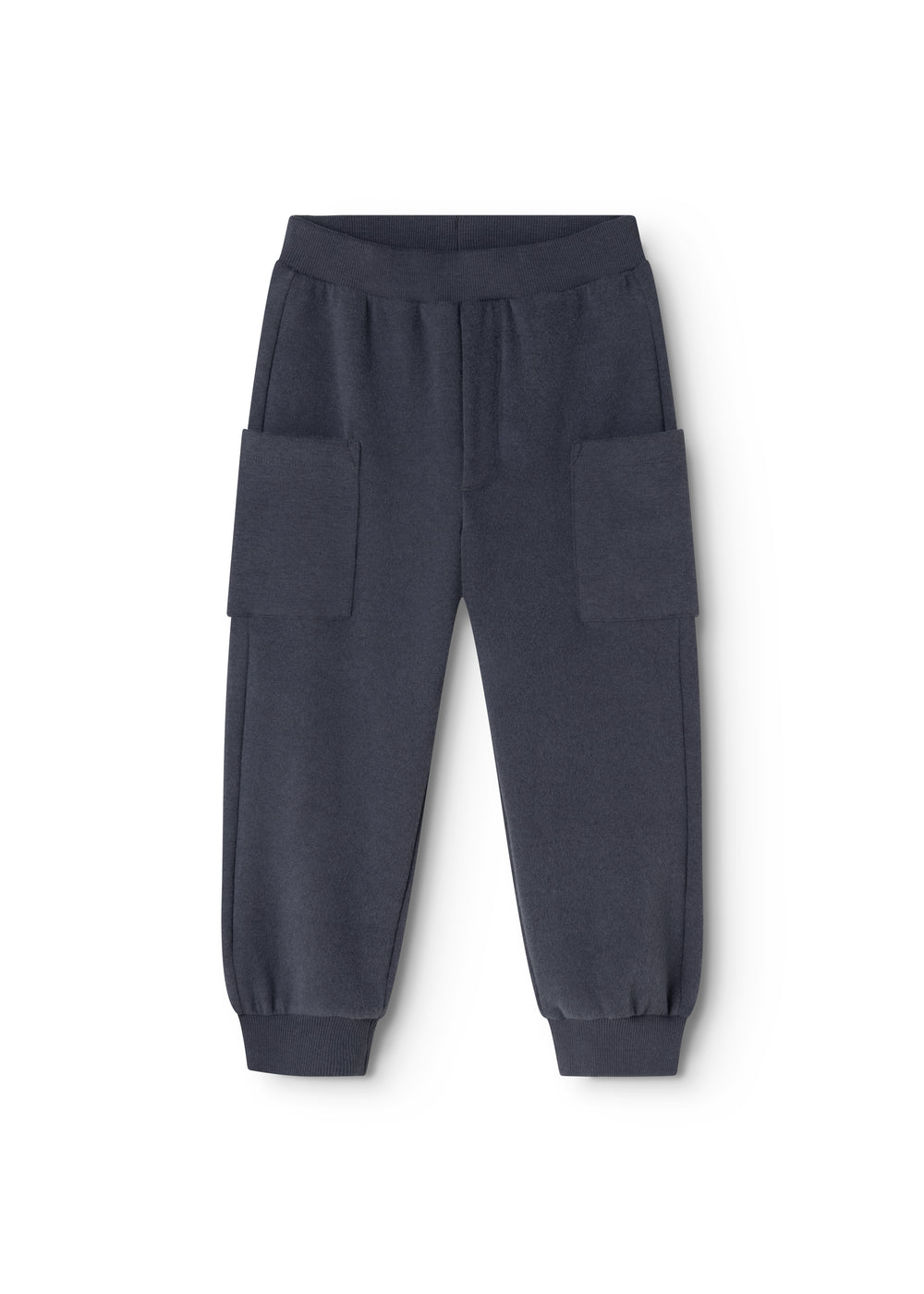 Dark ink-blue children's trousers with elastic waist and cargo pockets.