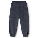 Dark ink-blue children's trousers with elastic waist and cargo pockets.