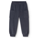 Dark ink-blue children's trousers with elastic waist and cargo pockets.