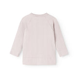 Long-sleeved blouse with a round neckline in light purple.