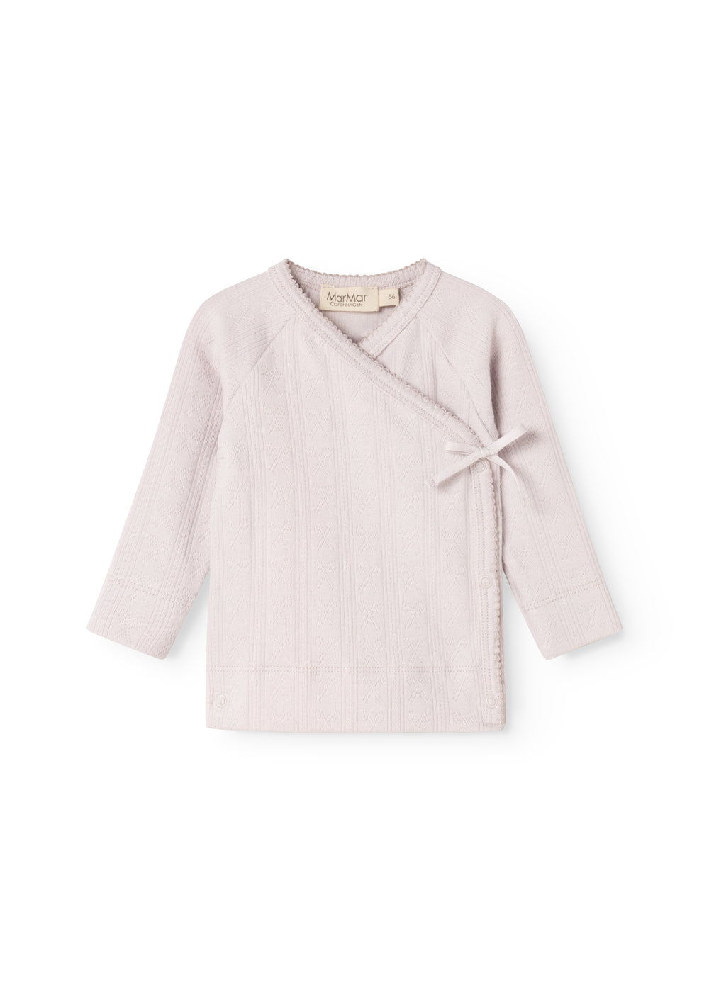 Light purple long-sleeve blouse with button closure and bow at the neck.