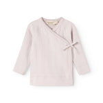Light purple long-sleeve blouse with button closure and bow at the neck.
