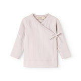 Light purple long-sleeve blouse with button closure and bow at the neck.