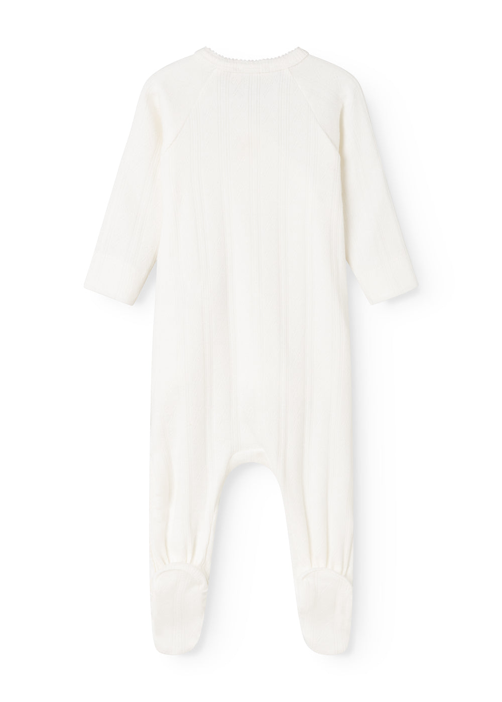 Baby ones in cream white with round neck and long legs at the back.
