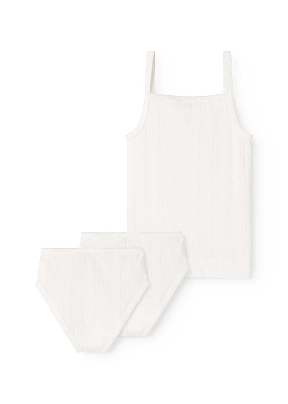 White underwear set for children: top with straps and two pairs of elastic briefs.