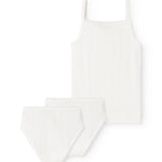 White underwear set for children: top with straps and two pairs of elastic briefs.