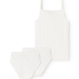 White underwear set for children: top with straps and two pairs of elastic briefs.