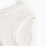 White baby onesies with wide elastic and subtle rib pattern in front.