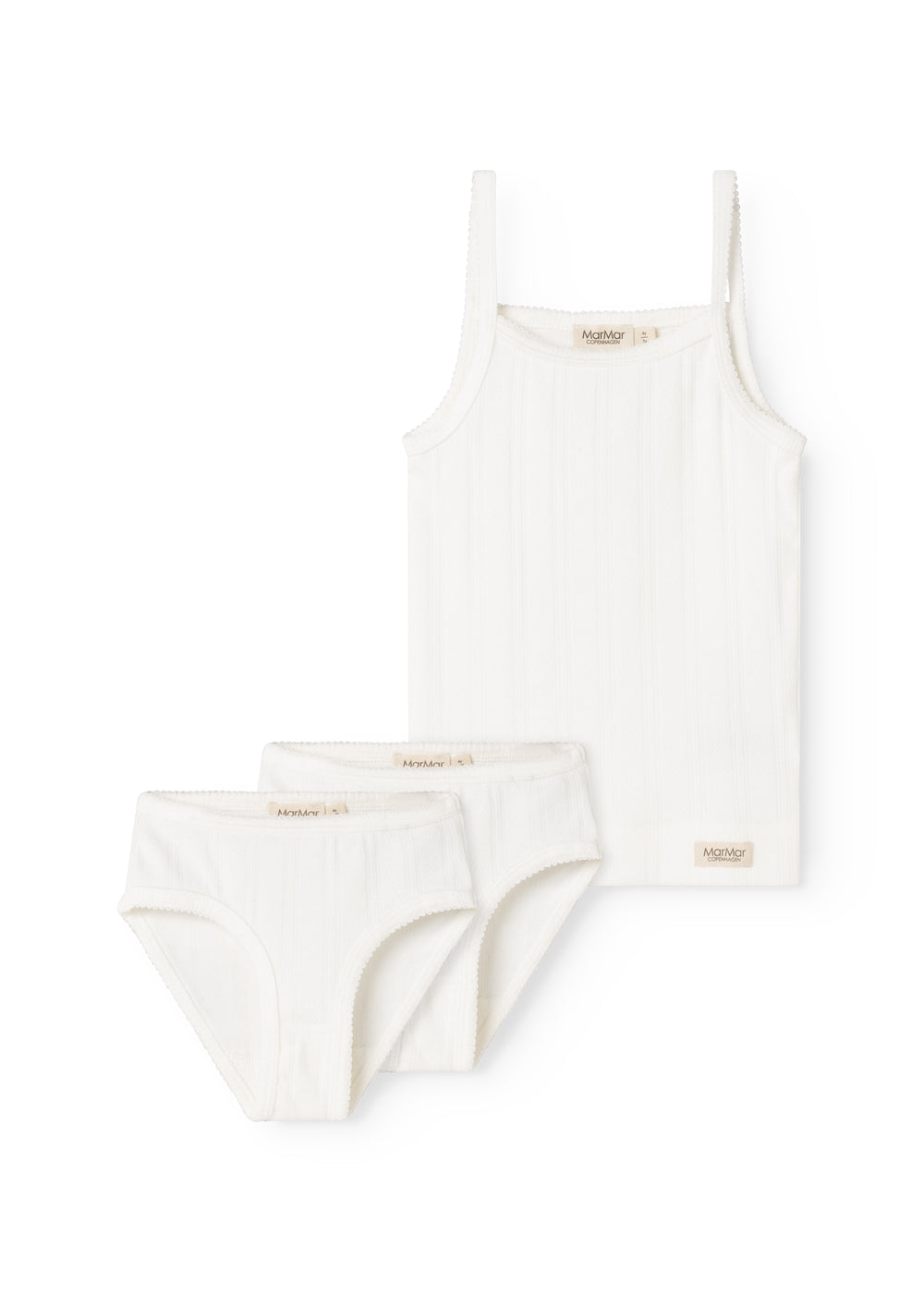 White lingerie set: top with thin straps and matching panties with elastic.