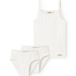 White lingerie set: top with thin straps and matching panties with elastic.