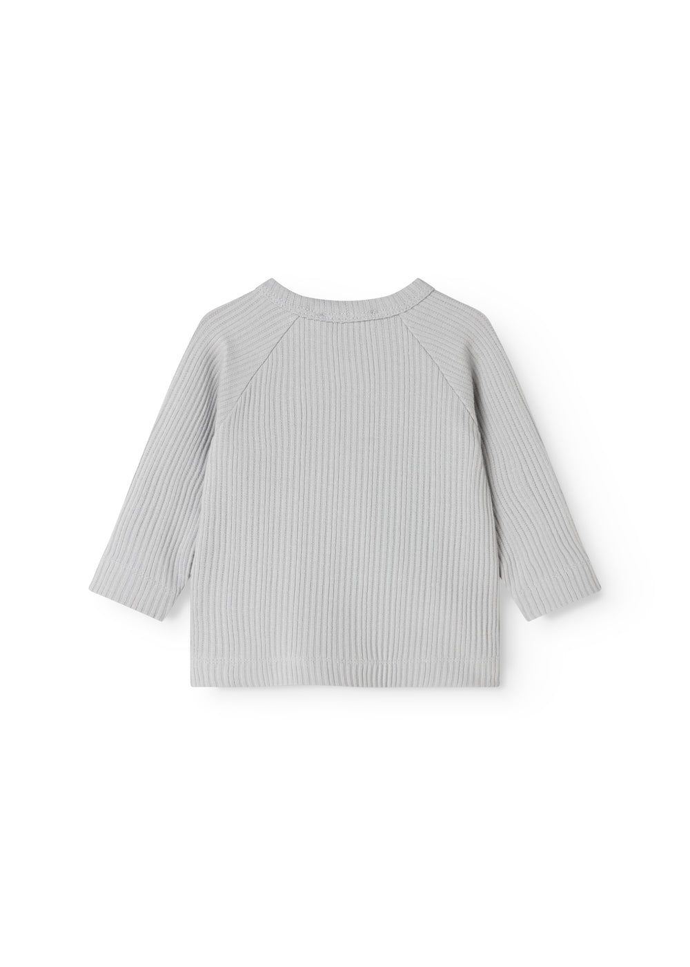 Light gray ribbed blouse with crew neck and long sleeves