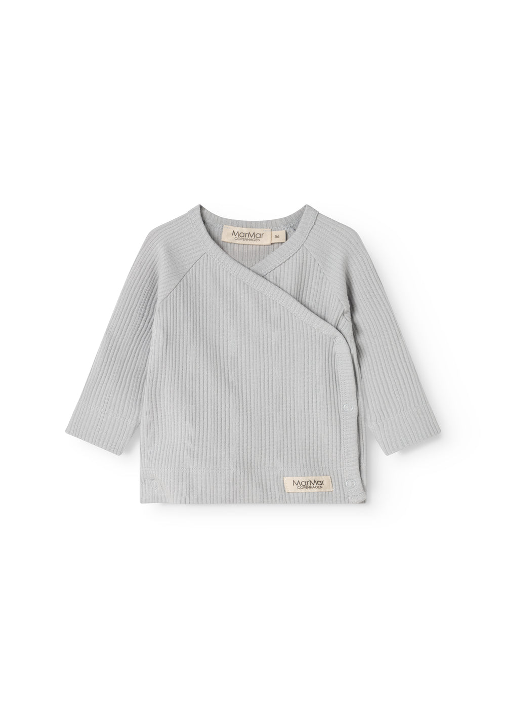 Light gray ribbed blouse with front wrap and long sleeves