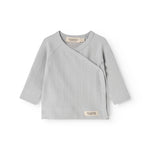 Light gray ribbed blouse with front wrap and long sleeves