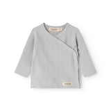 Light gray ribbed blouse with front wrap and long sleeves