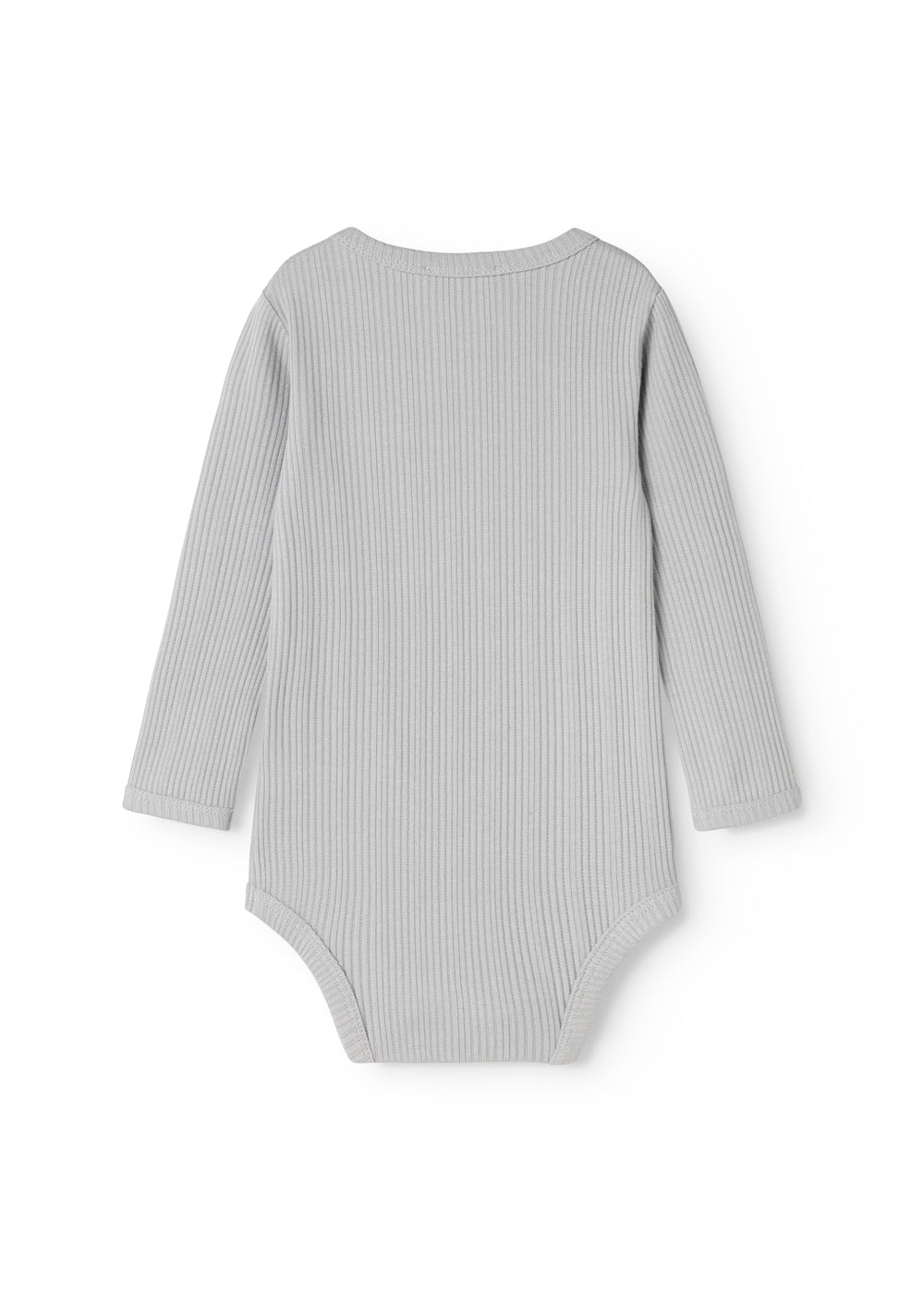 Sheer bodystocking in light gray-blue rib knit with long sleeves.