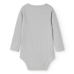 Sheer bodystocking in light gray-blue rib knit with long sleeves.