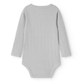 Sheer bodystocking in light gray-blue rib knit with long sleeves.