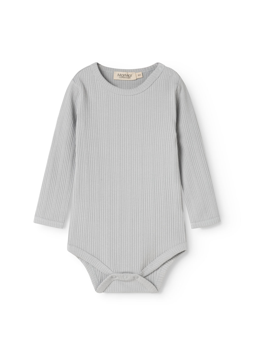 Sheer bodystocking in light gray-blue rib knit with long sleeves and a round neckline.