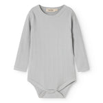 Sheer bodystocking in light gray-blue rib knit with long sleeves and a round neckline.