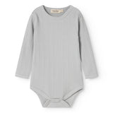Sheer bodystocking in light gray-blue rib knit with long sleeves and a round neckline.