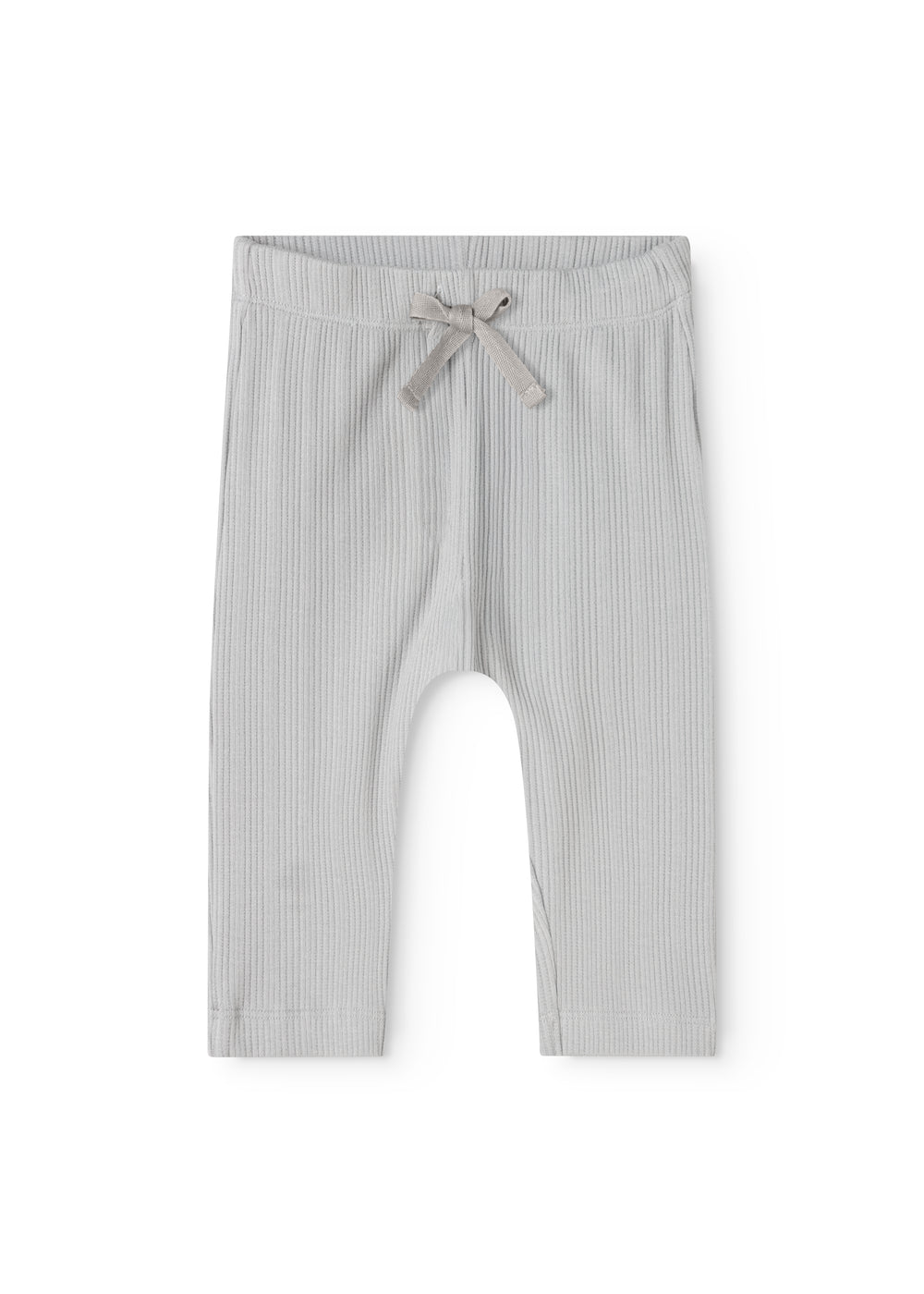 Baby pants with light blue stripes, elastic waistband, and tie belt at the waist.