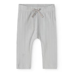 Baby pants with light blue stripes, elastic waistband, and tie belt at the waist.