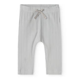 Baby pants with light blue stripes, elastic waistband, and tie belt at the waist.