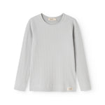 Light gray long-sleeve T‑shirt with crew neck and ribbed texture.