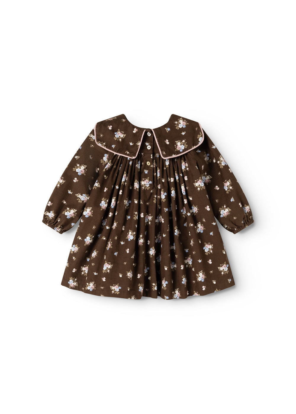A dark brown dress with a round collar, front buttons, and a gathered floral print.