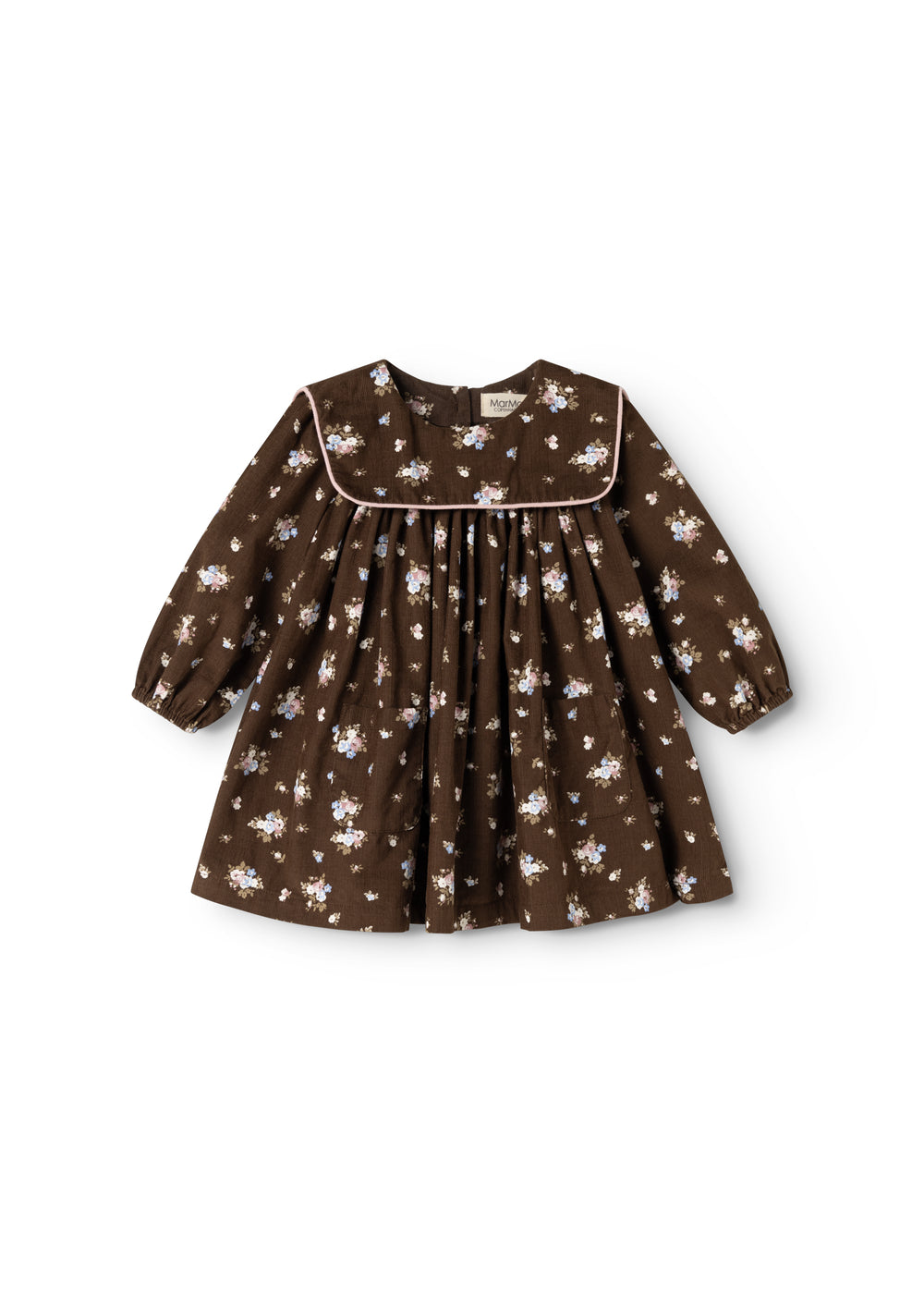Elegant dress in dark brown with long-sleeve smock cut, round collar and floral print.