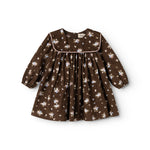 Elegant dress in dark brown with long-sleeve smock cut, round collar and floral print.