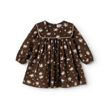 Elegant dress in dark brown with long-sleeve smock cut, round collar and floral print.