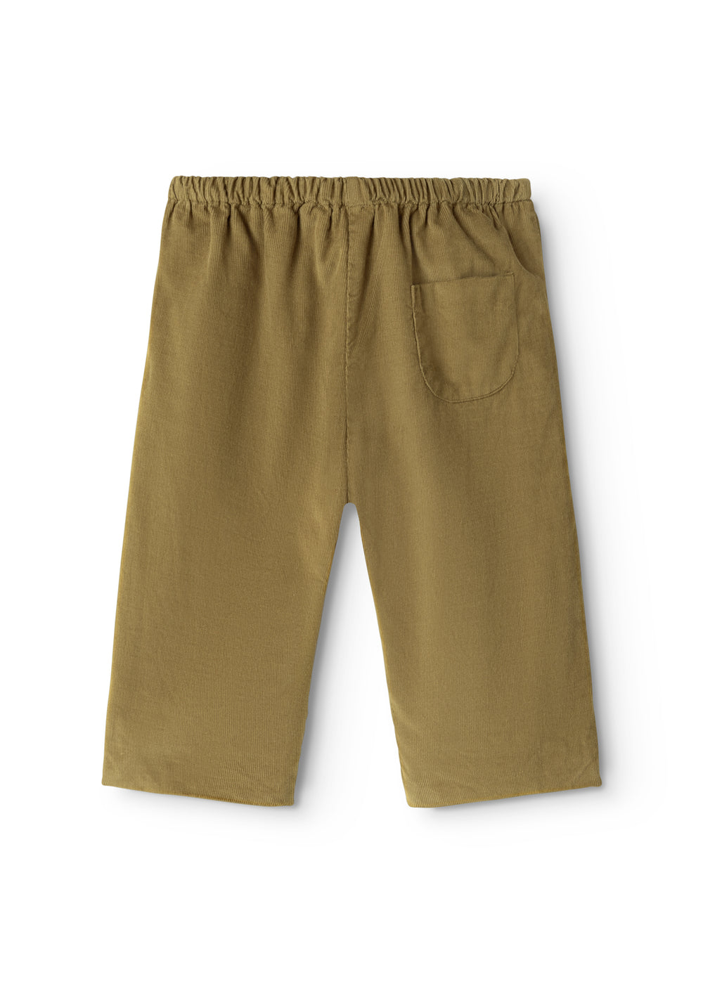 Dark bronze baby pants with elastic waist and small pocket detail.