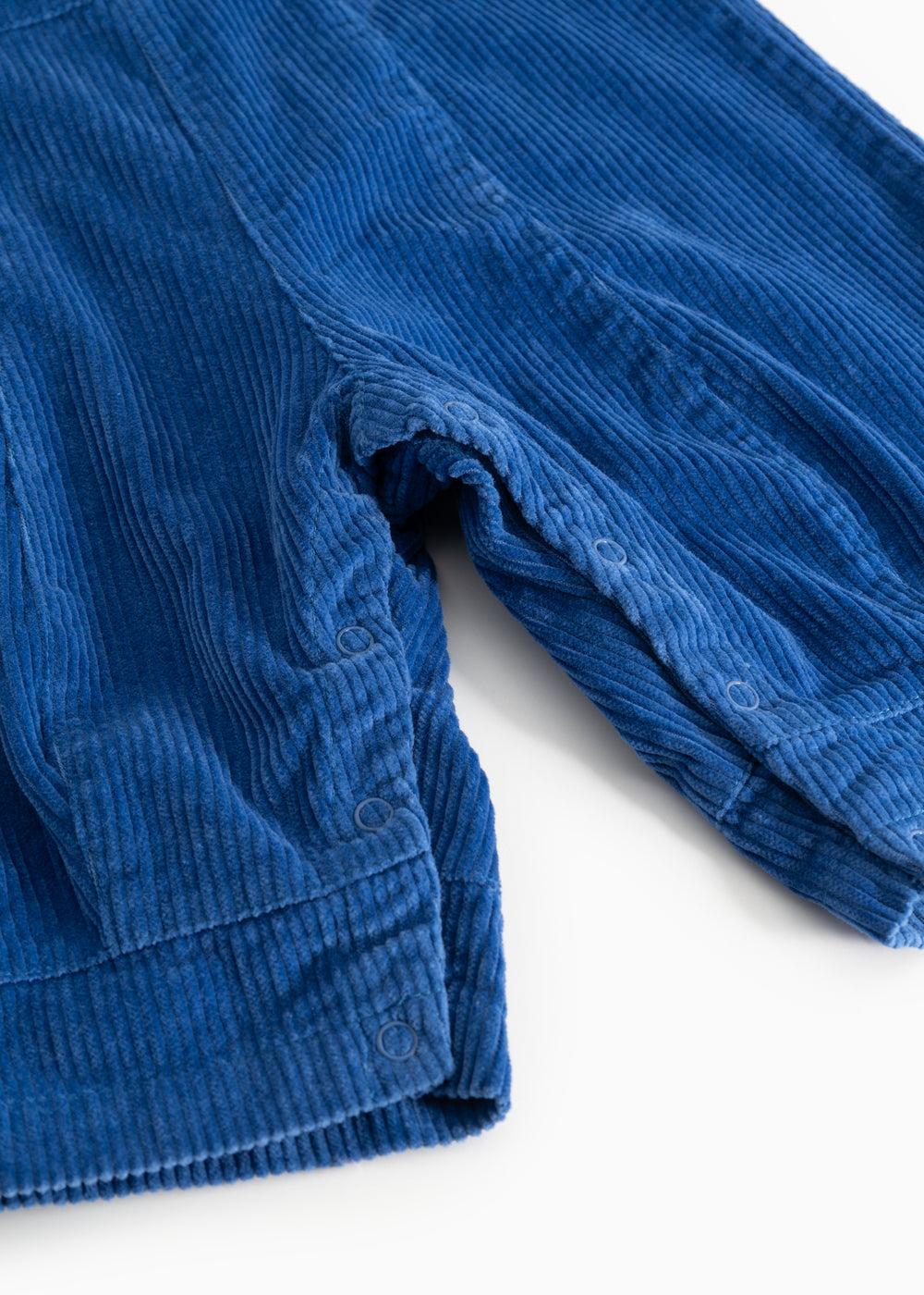 Blue velvet pants with ribbed velvet fabric and button details at the leg openings.