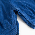 Blue velvet pants with ribbed velvet fabric and button details at the leg openings.