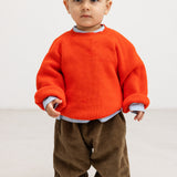 Baby ones in dark brown velvet with elastic at the waist, seen from the front.