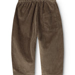 Baby bodysuits in dark brown velvet with a gathered waist and loose, slightly tapered legs.