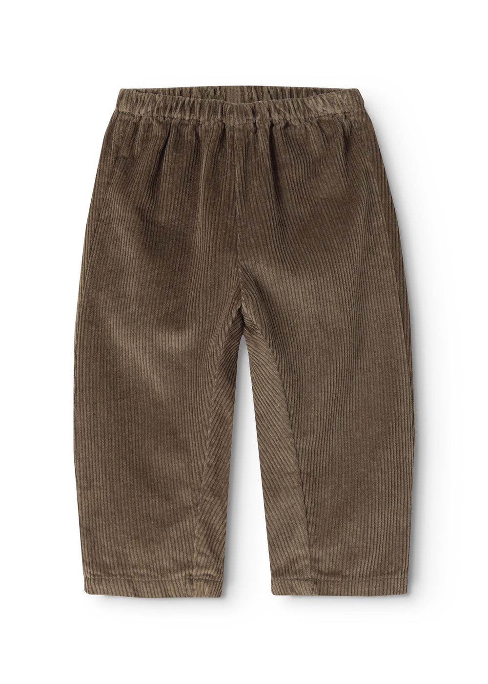 Baby bodysuits in dark brown velvet with elastic waistband and straight, loose legs.