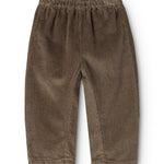 Baby bodysuits in dark brown velvet with elastic waistband and straight, loose legs.
