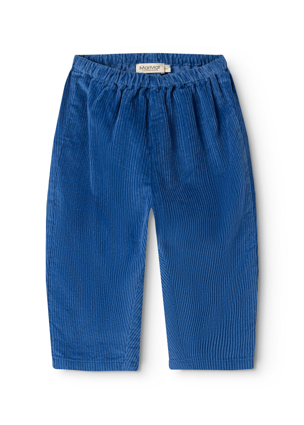 Dark blue baby pants with elastic waist and straight legs