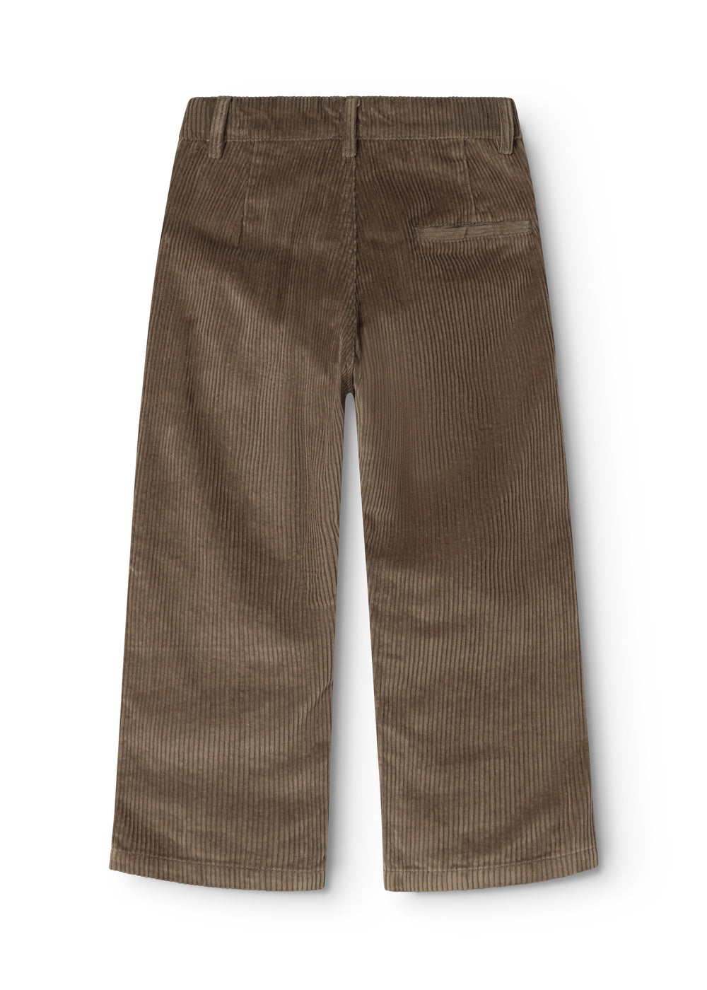 Brown corduroy trousers with cargo pockets and wide legs, flat front.