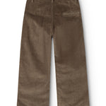 Brown corduroy trousers with cargo pockets and wide legs, flat front.